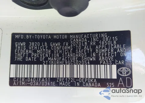 2016 Toyota Corolla L from USA, damaged, VIN 2T1BURHE9GC502054